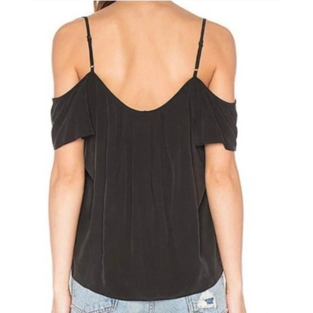 NWT SZ L Joie 'Adorlee' Black Silk Cold-Shoulder Top Flutter Sleeves & Pleating - Picture 2 of 8